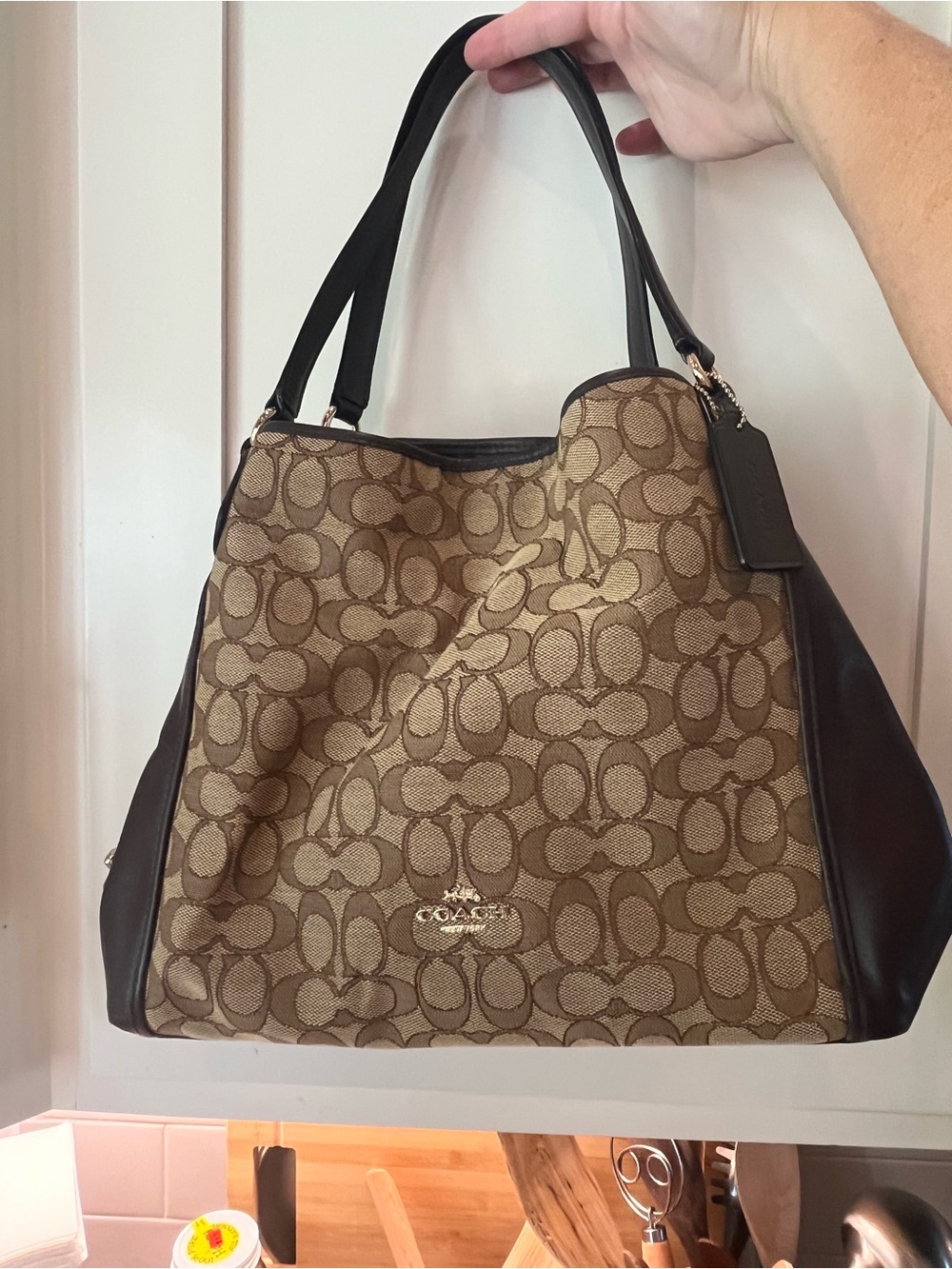 Coach Tan Signature Canvas Shoulder Bag with Black Leather Trim
